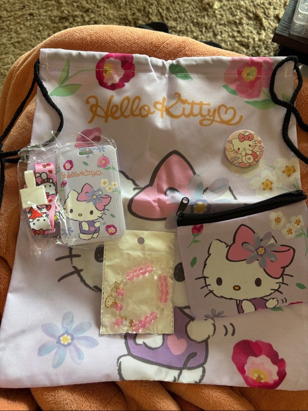 Hello Kitty Gift Set: Pink Drawstring Bag with Matching Pouch & Accessories